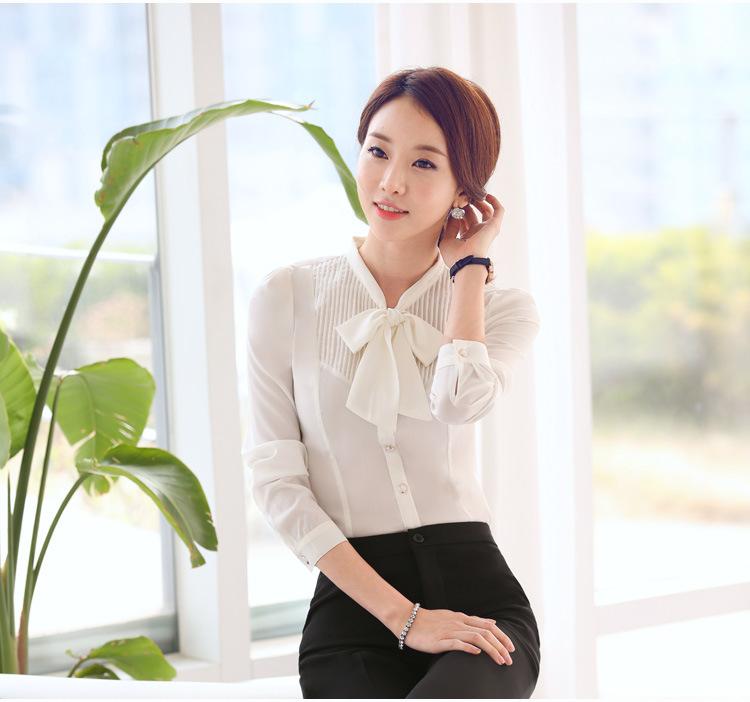 Office Ladies Autumn Women's White Long-Sleeve Slim Bow Tie Shirt Blouse
