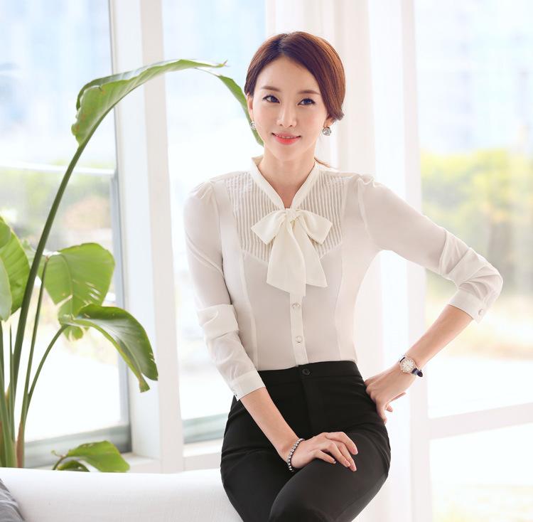Office Ladies Autumn Women's White Long-Sleeve Slim Bow Tie Shirt Blouse