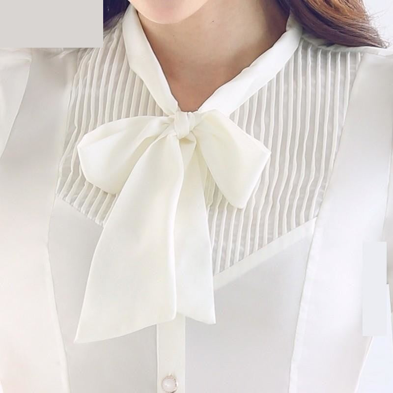 Office Ladies Autumn Women's White Long-Sleeve Slim Bow Tie Shirt Blouse