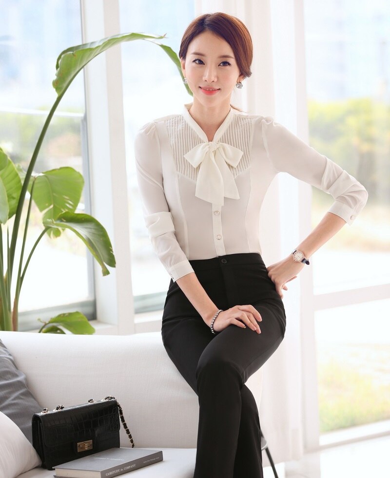 Office Ladies Autumn Women's White Long-Sleeve Slim Bow Tie Shirt Blouse
