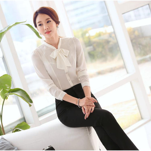 Office Ladies Autumn Women's White Long-Sleeve Slim Bow Tie Shirt Blouse