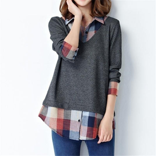Officewear Long-Sleeved Plaid Patchwork Big Plus Kimono Tunics for Women