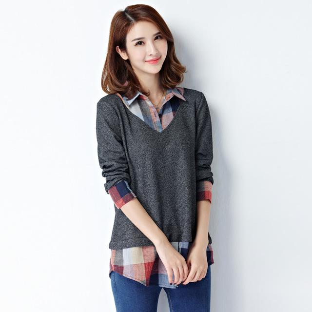 Officewear Long-Sleeved Plaid Patchwork Big Plus Kimono Tunics for Women