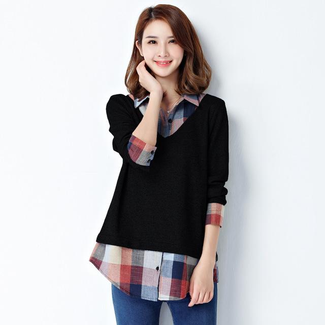 Officewear Long-Sleeved Plaid Patchwork Big Plus Kimono Tunics for Women
