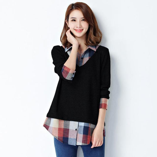 Officewear Long-Sleeved Plaid Patchwork Big Plus Kimono Tunics for Women