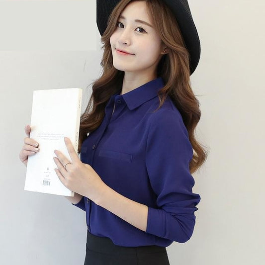 Plus Size Ladies Blouses Casual Women's Long Sleeved Solid Shirt