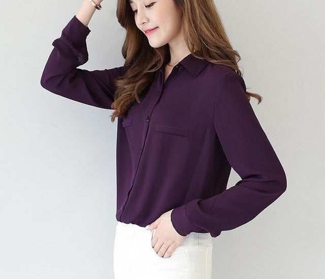Plus Size Ladies Blouses Casual Women's Long Sleeved Solid Shirt