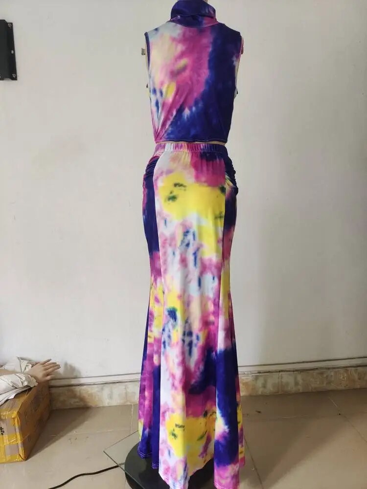 Women's Summer Sexy Tie-dye Long Bodycon Crop Top Skirt Sets