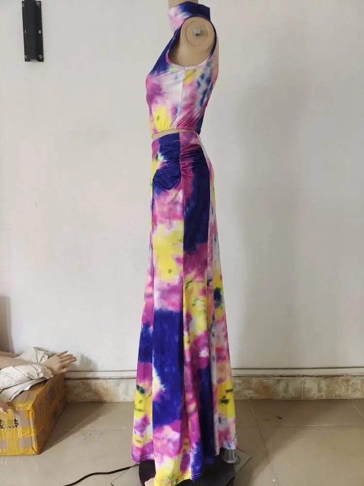 Women's Summer Sexy Tie-dye Long Bodycon Crop Top Skirt Sets