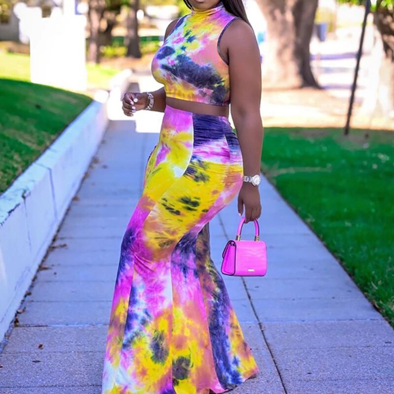Women's Summer Sexy Tie-dye Long Bodycon Crop Top Skirt Sets