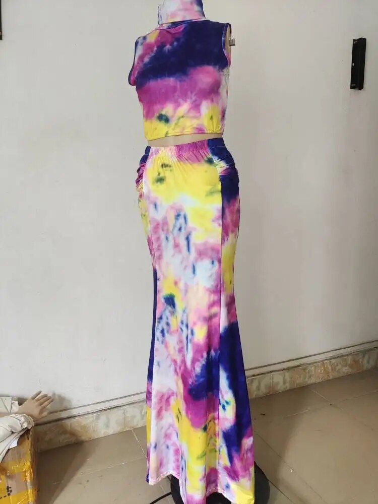 Women's Summer Sexy Tie-dye Long Bodycon Crop Top Skirt Sets
