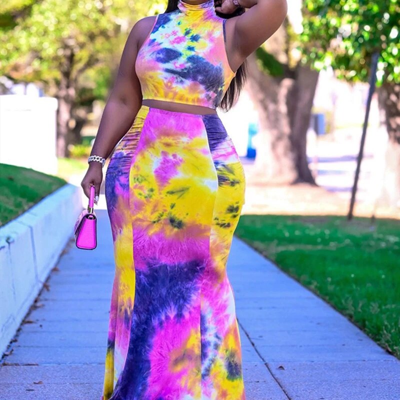 Women's Summer Sexy Tie-dye Long Bodycon Crop Top Skirt Sets