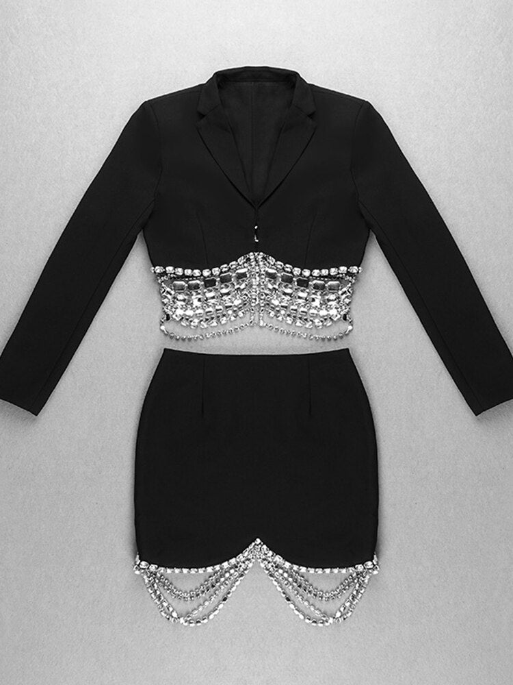Women's Diamond Strass Chain Beaded Short Blazer Skirt Two-Piece Set