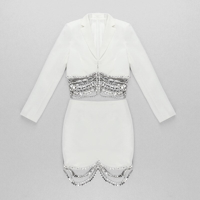 Women's Diamond Strass Chain Beaded Short Blazer Skirt Two-Piece Set