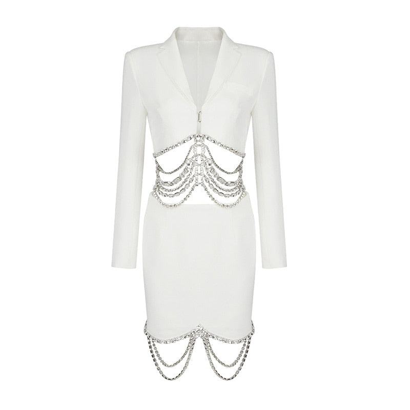 Women's Diamond Strass Chain Beaded Short Blazer Skirt Two-Piece Set
