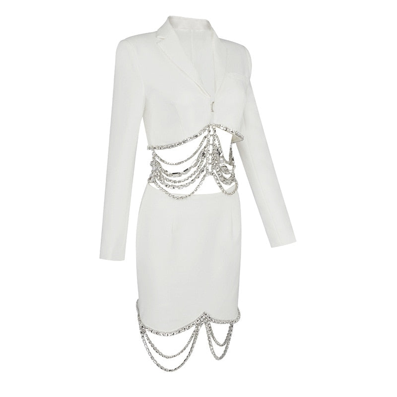 Women's Diamond Strass Chain Beaded Short Blazer Skirt Two-Piece Set