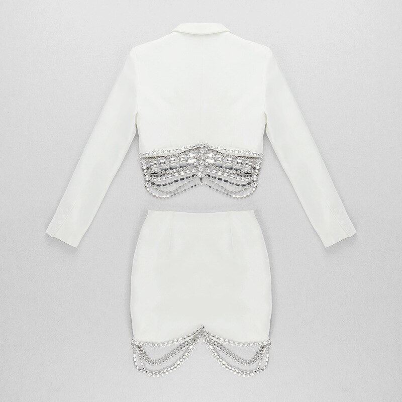 Women's Diamond Strass Chain Beaded Short Blazer Skirt Two-Piece Set