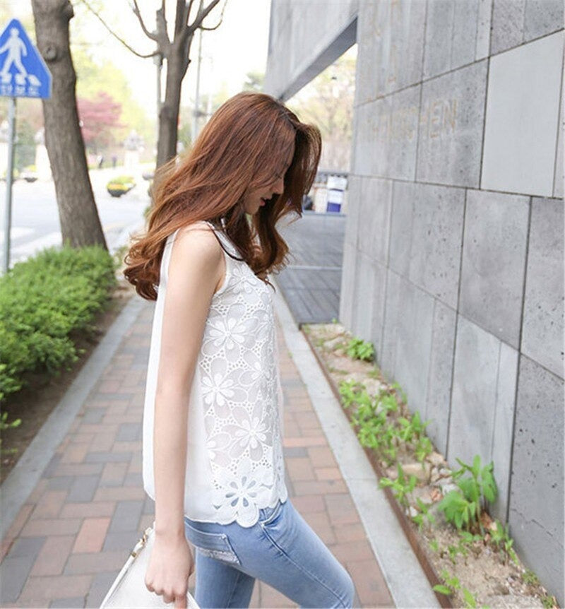 Sexy Plus Size White Crotchet Women’s Sleeveless Blouse for Summer