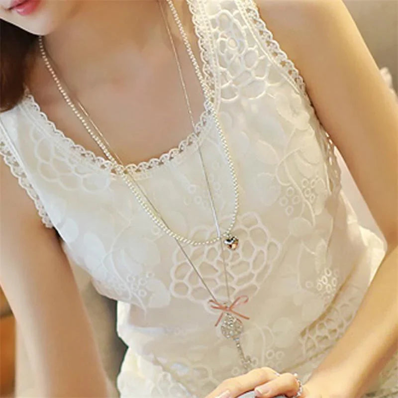 Sexy Plus Size White Crotchet Women’s Sleeveless Blouse for Summer