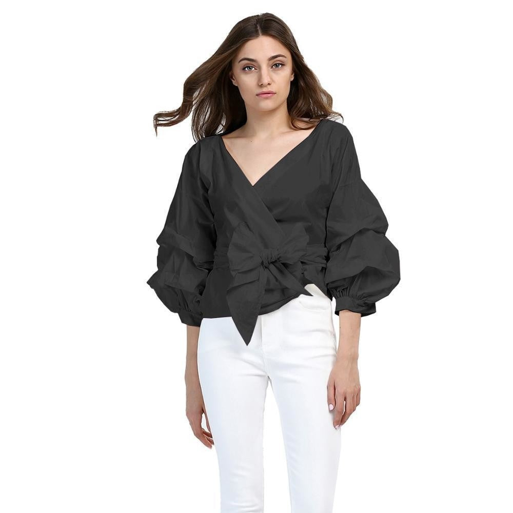 Sexy V Neck White Summer Puff Sleeved Elegant Women’s Plaid