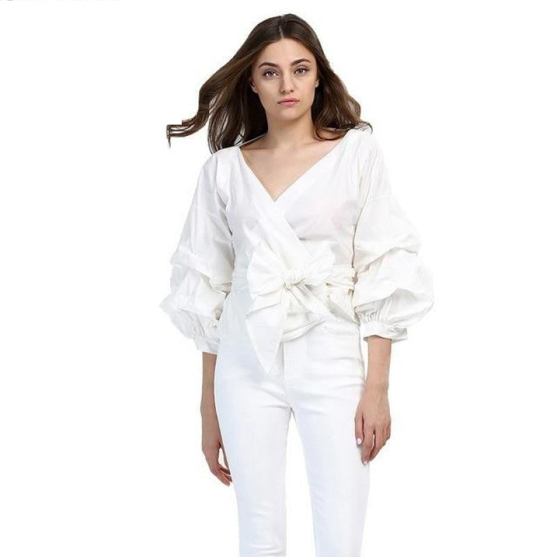 Sexy V Neck White Summer Puff Sleeved Elegant Women’s Plaid