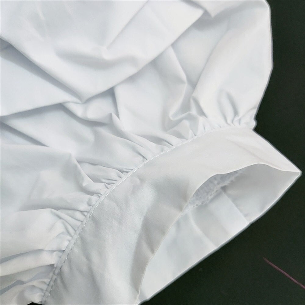 Sexy V Neck White Summer Puff Sleeved Elegant Women’s Plaid