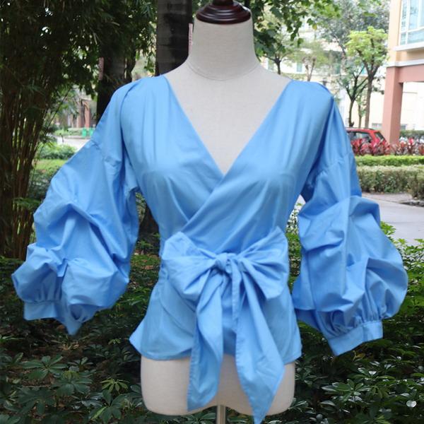 Sexy V Neck White Summer Puff Sleeved Elegant Women’s Plaid