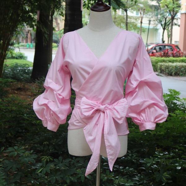Sexy V Neck White Summer Puff Sleeved Elegant Women’s Plaid