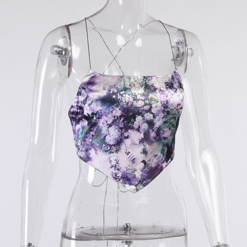 Sexy Women's Floral Halter Neck Asymmetric Hem Backless Bandage Camisoles