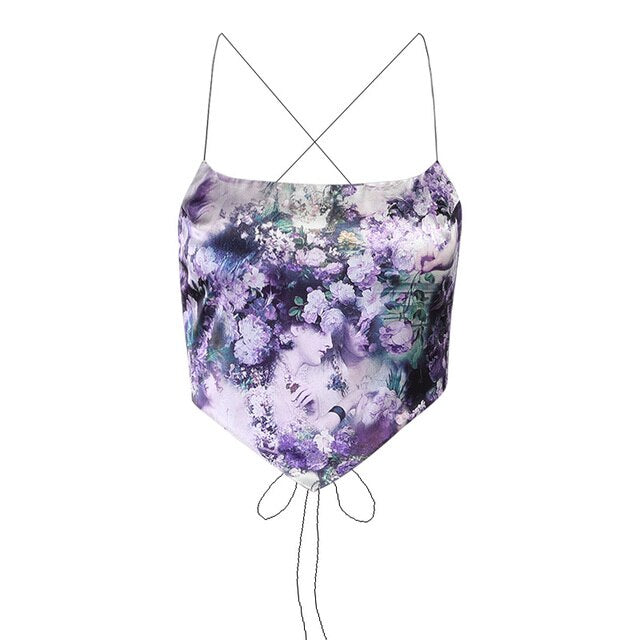 Sexy Women's Floral Halter Neck Asymmetric Hem Backless Bandage Camisoles