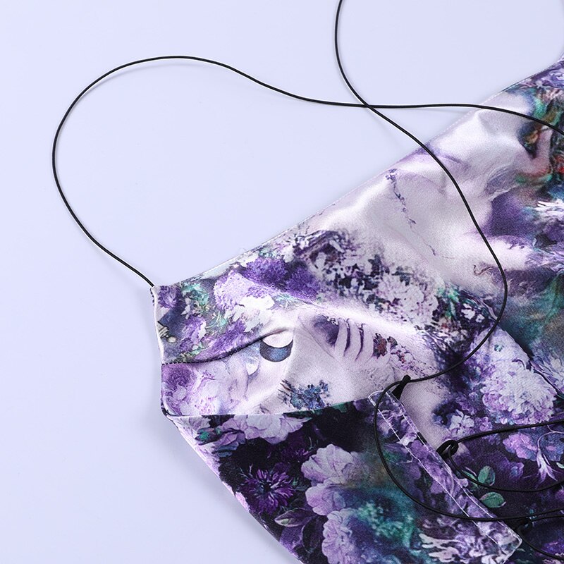 Sexy Women's Floral Halter Neck Asymmetric Hem Backless Bandage Camisoles
