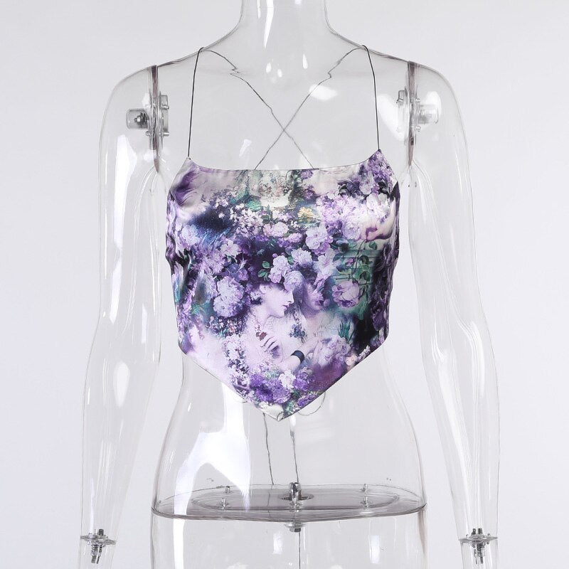 Sexy Women's Floral Halter Neck Asymmetric Hem Backless Bandage Camisoles