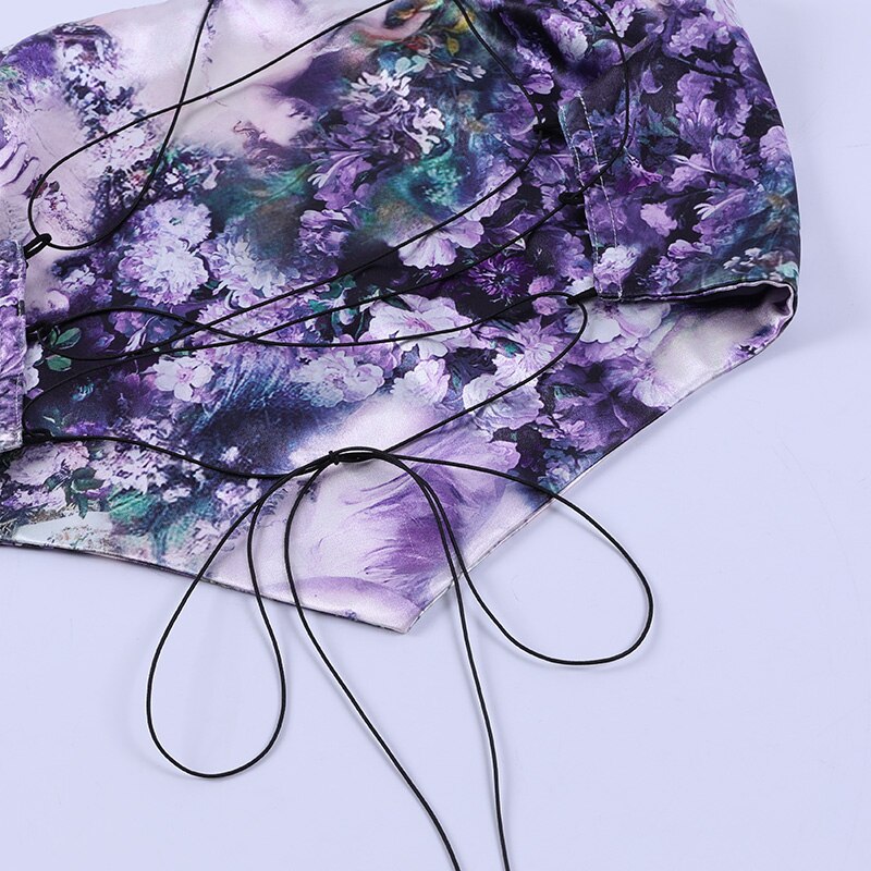 Sexy Women's Floral Halter Neck Asymmetric Hem Backless Bandage Camisoles