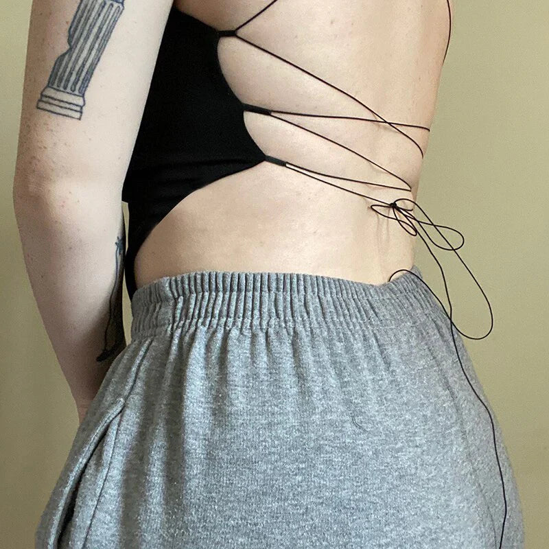 Sexy Women's Floral Halter Neck Asymmetric Hem Backless Bandage Camisoles