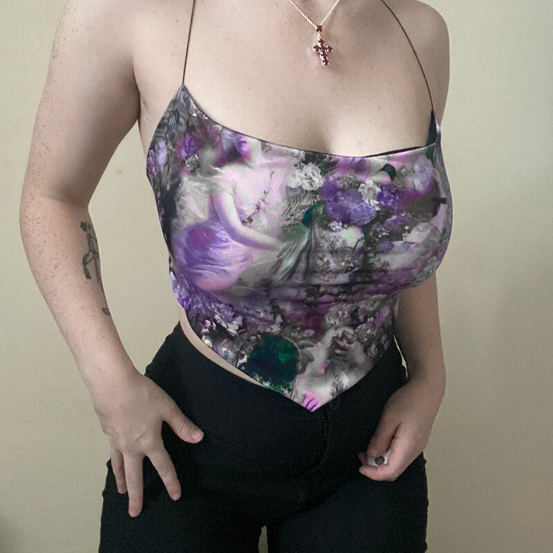 Sexy Women's Floral Halter Neck Asymmetric Hem Backless Bandage Camisoles