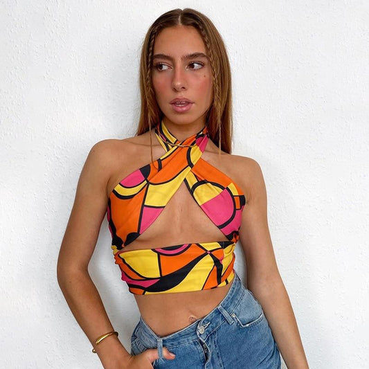 Sexy Women's Hollow Out Backless Criss Cross Cropped Halter Top Beachwear