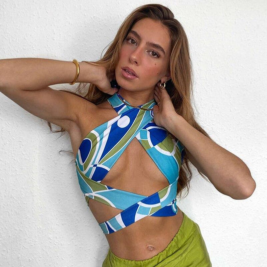 Sexy Women's Hollow Out Backless Criss Cross Cropped Halter Top Beachwear