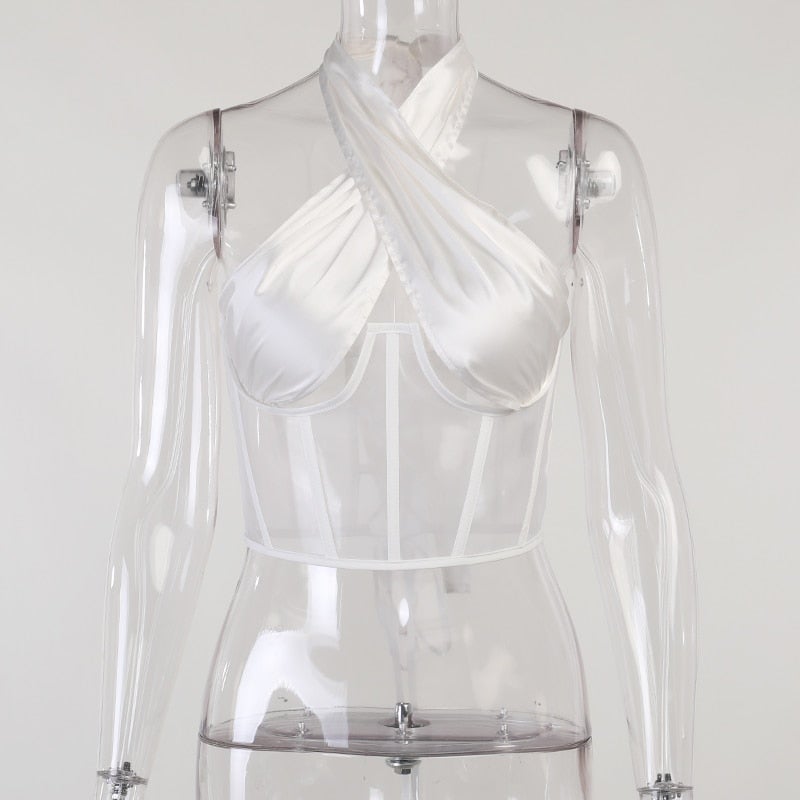 Sexy Women's Mesh Hollow Out Criss Cross Cropped Halter Neck Top