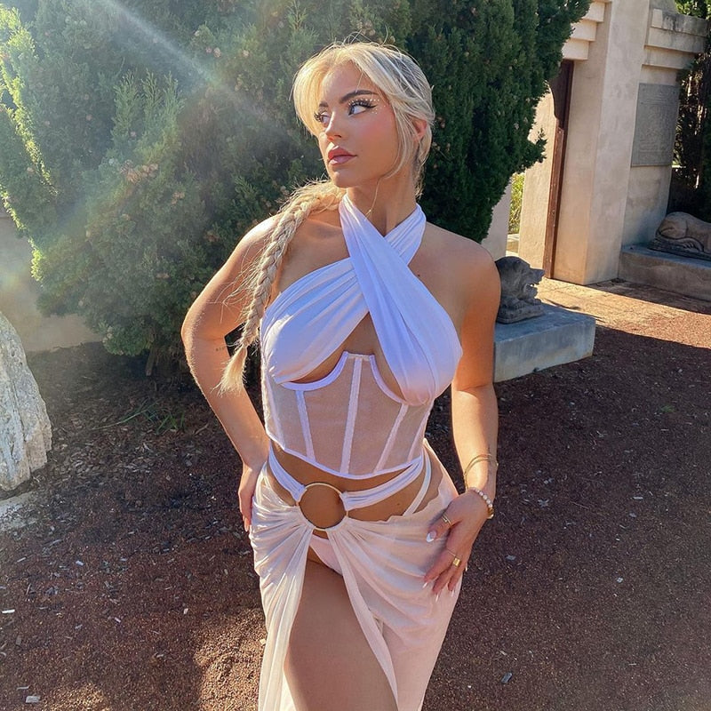 Sexy Women's Mesh Hollow Out Criss Cross Cropped Halter Neck Top