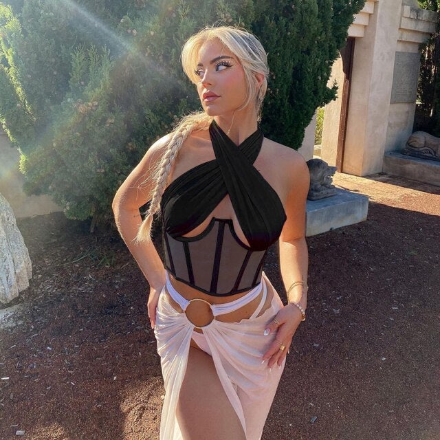 Sexy Women's Mesh Hollow Out Criss Cross Cropped Halter Neck Top
