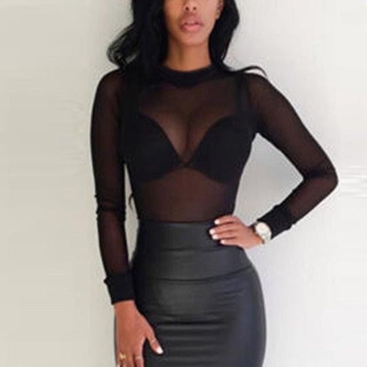 Sexy Women's See Through Transparent Mesh Solid Pattern Long Sleeve Tops