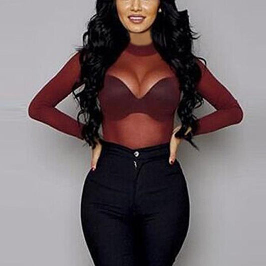Sexy Women's See Through Transparent Mesh Solid Pattern Long Sleeve Tops