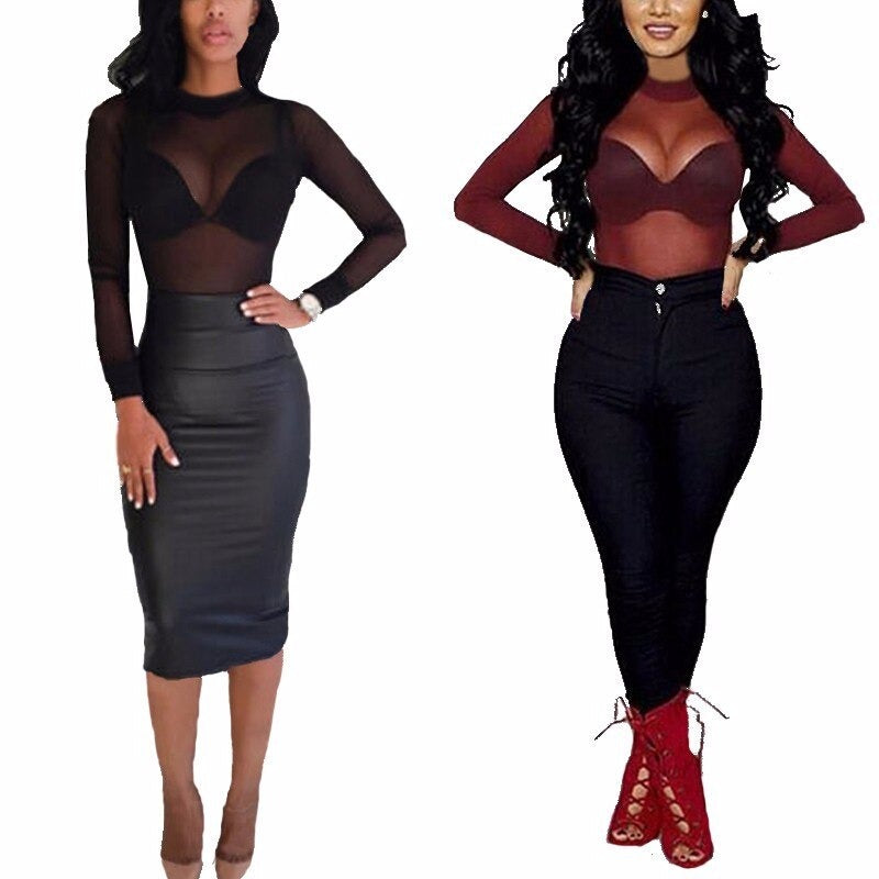 Sexy Women's See Through Transparent Mesh Solid Pattern Long Sleeve Tops