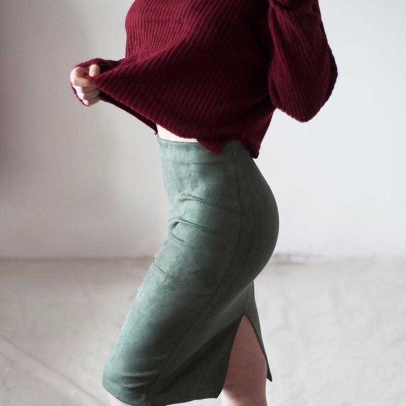 Sexy Women's Suede Elastic High Waist Multi-Color Bodycon Pencil Skirts