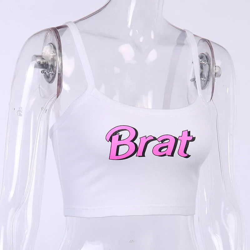 Sexy Women's White Letter Printed Spaghetti Strap Slim Crop Top Camisoles