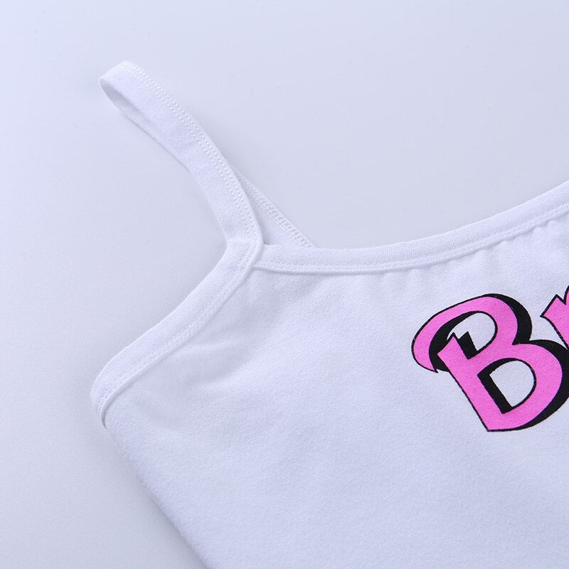 Sexy Women's White Letter Printed Spaghetti Strap Slim Crop Top Camisoles