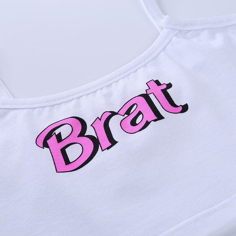 Sexy Women's White Letter Printed Spaghetti Strap Slim Crop Top Camisoles
