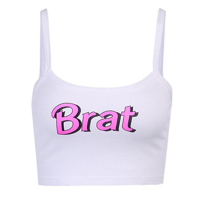 Sexy Women's White Letter Printed Spaghetti Strap Slim Crop Top Camisoles