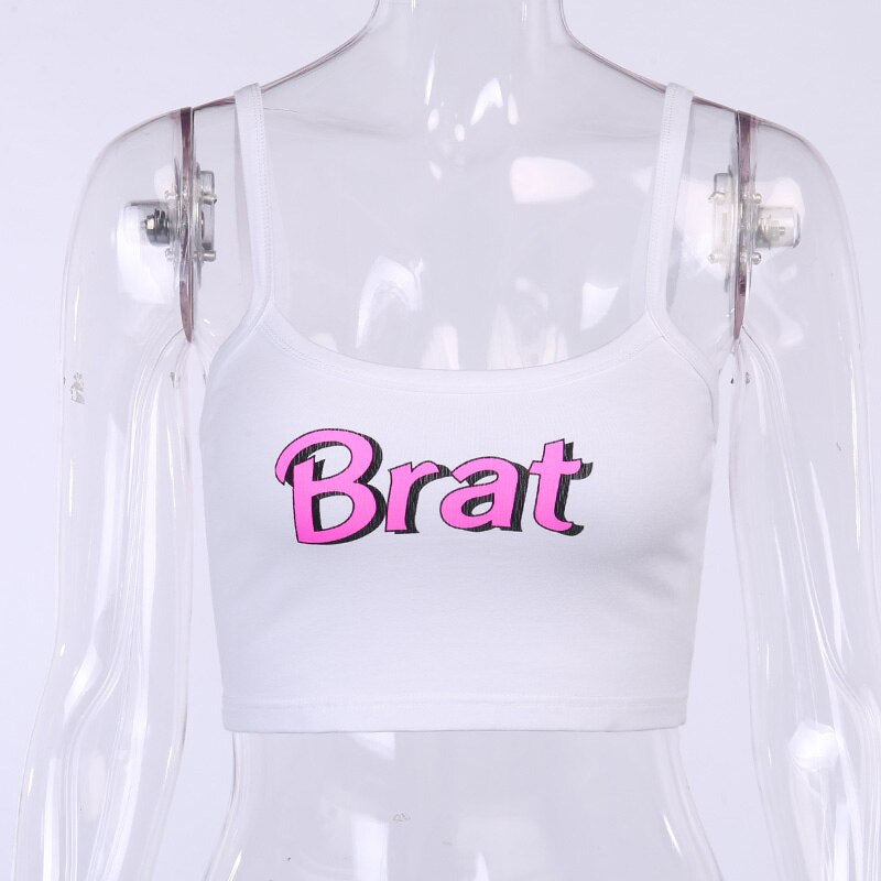 Sexy Women's White Letter Printed Spaghetti Strap Slim Crop Top Camisoles