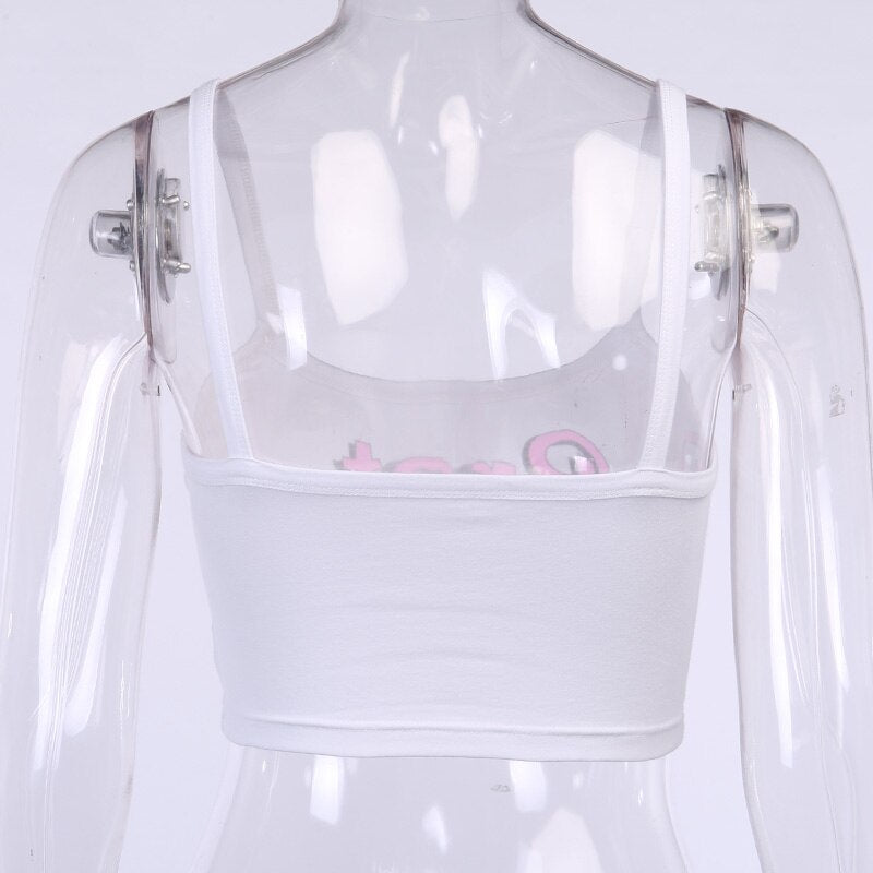Sexy Women's White Letter Printed Spaghetti Strap Slim Crop Top Camisoles